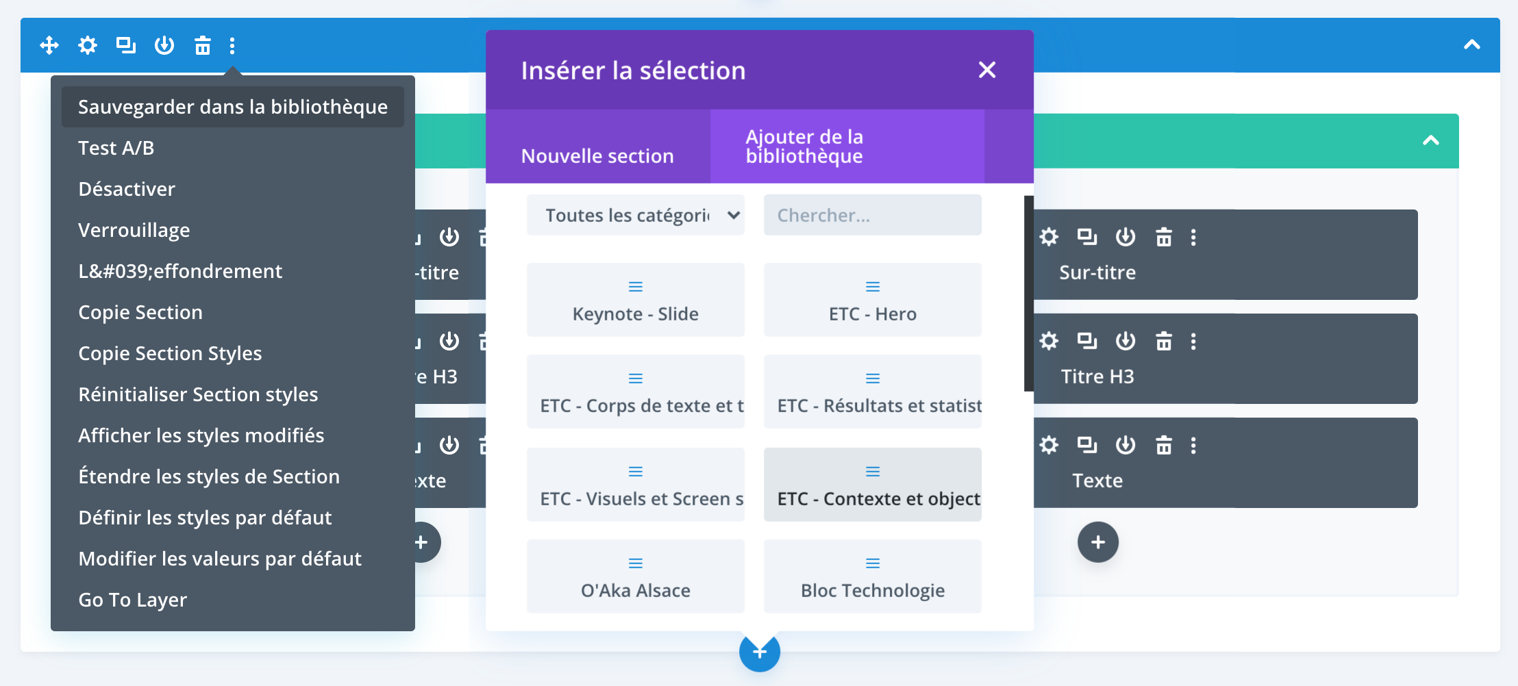 Capture d'écran du back-office du Divi Builder et de la bibliothèque