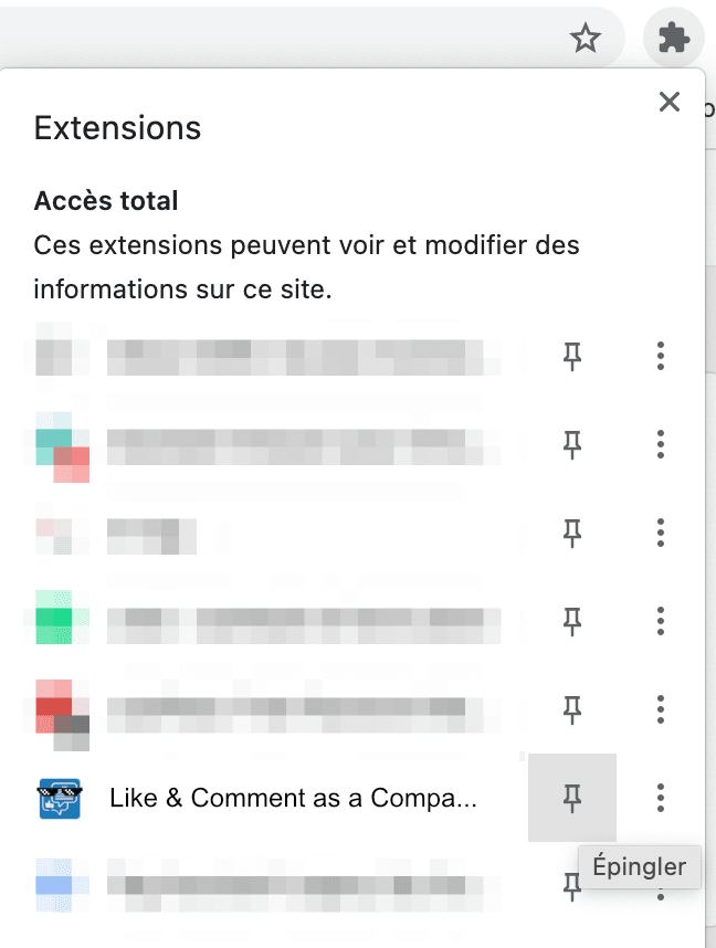 Volet d'accès aux extensions Chrome installées sur le navigateur
