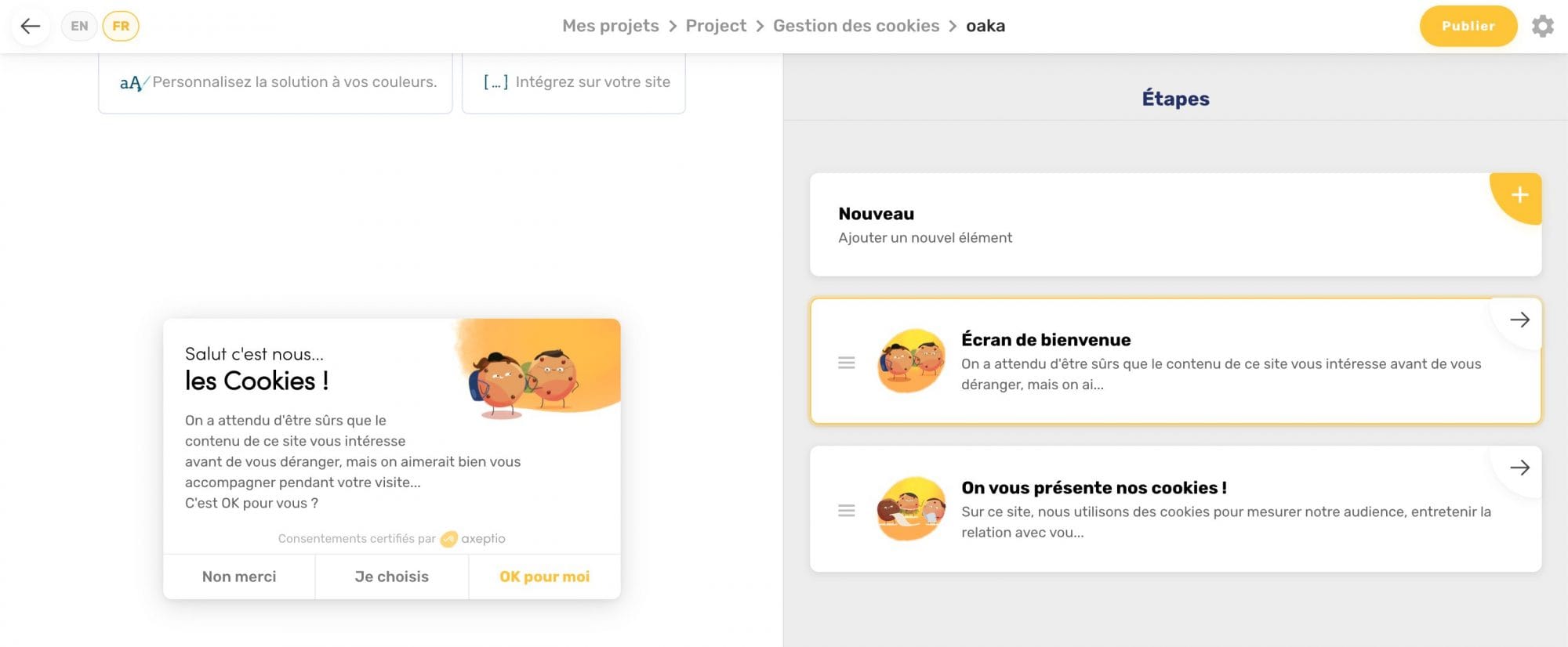 Interface de getion des cookies dans Axeptio