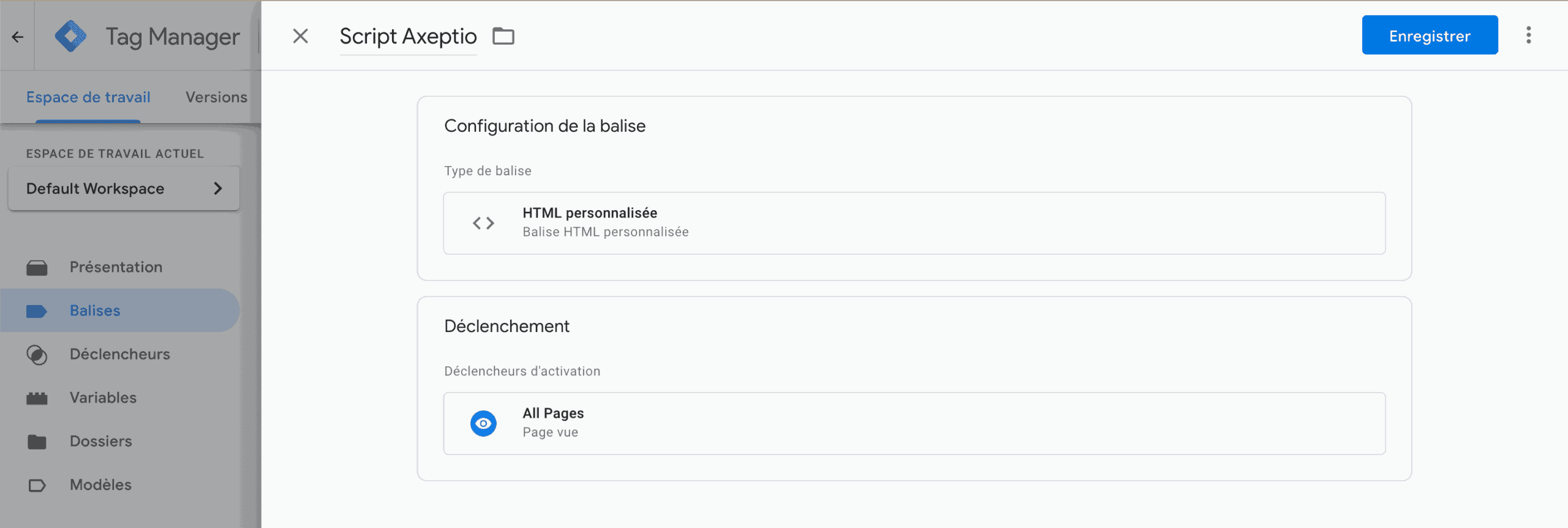 Interface de création d'une balise Axeptio dans GTM