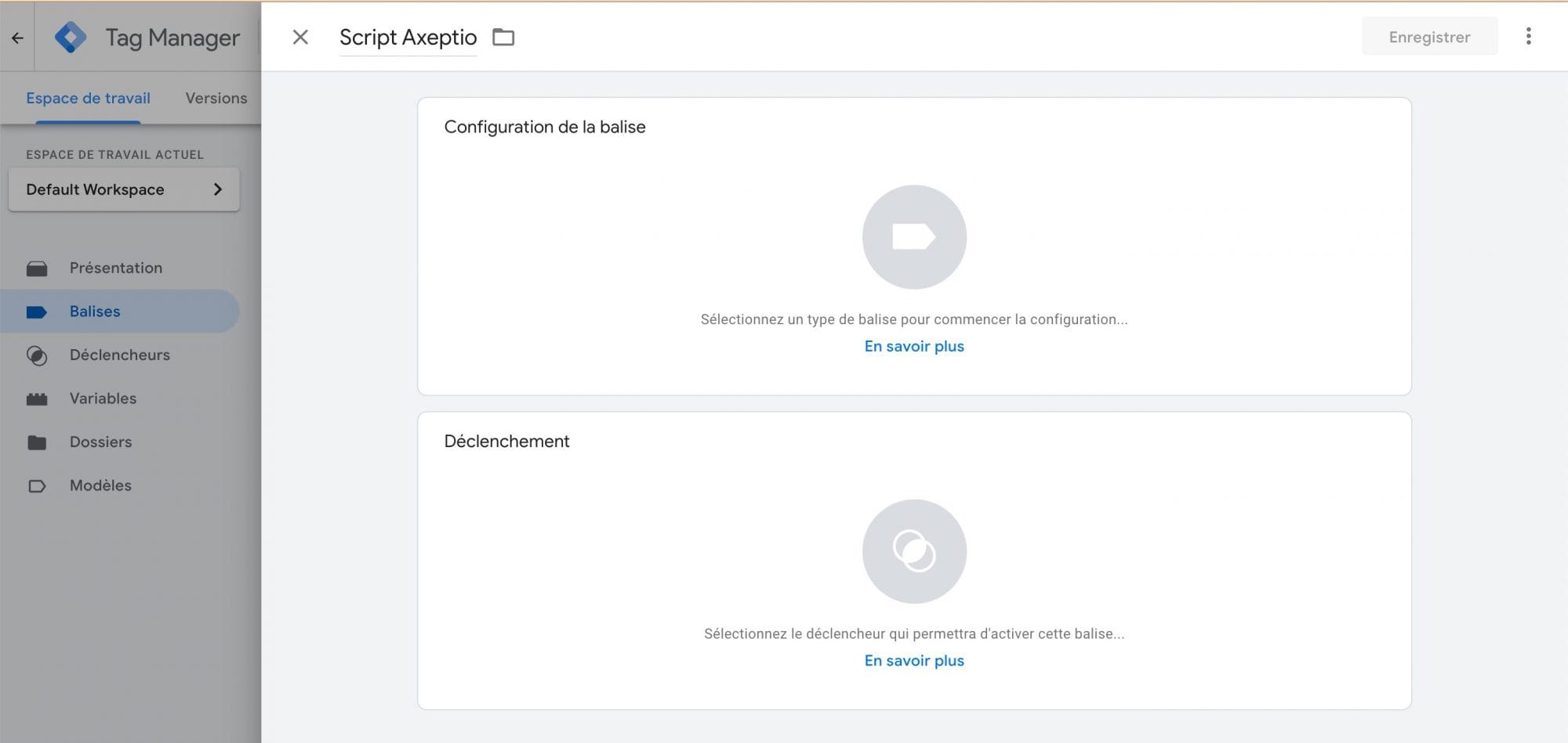 Interface de création d'une balise dans Google Tag Manager