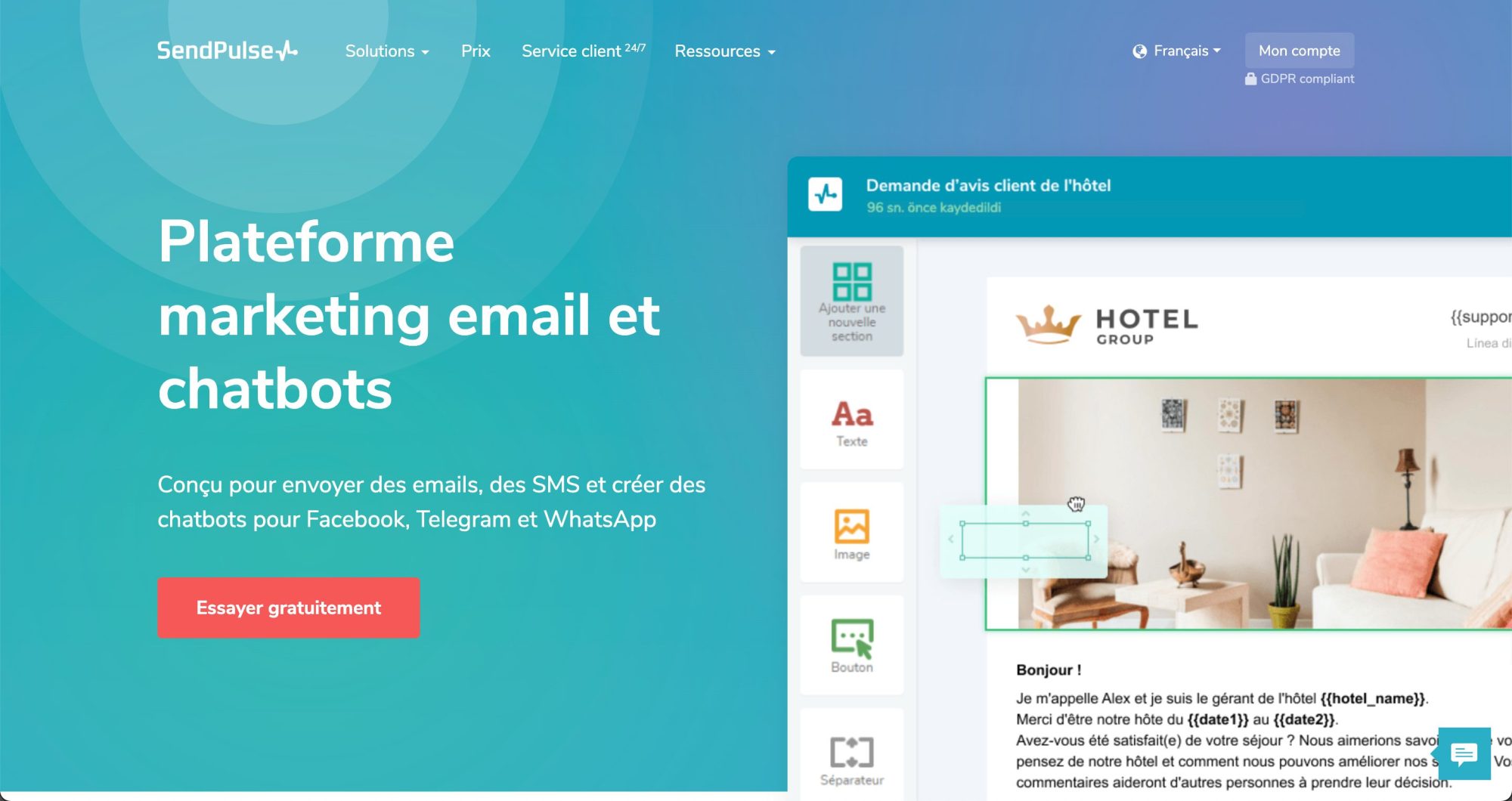 Capture d'écran du site internet de SendPulse, constructeur de Chatbot