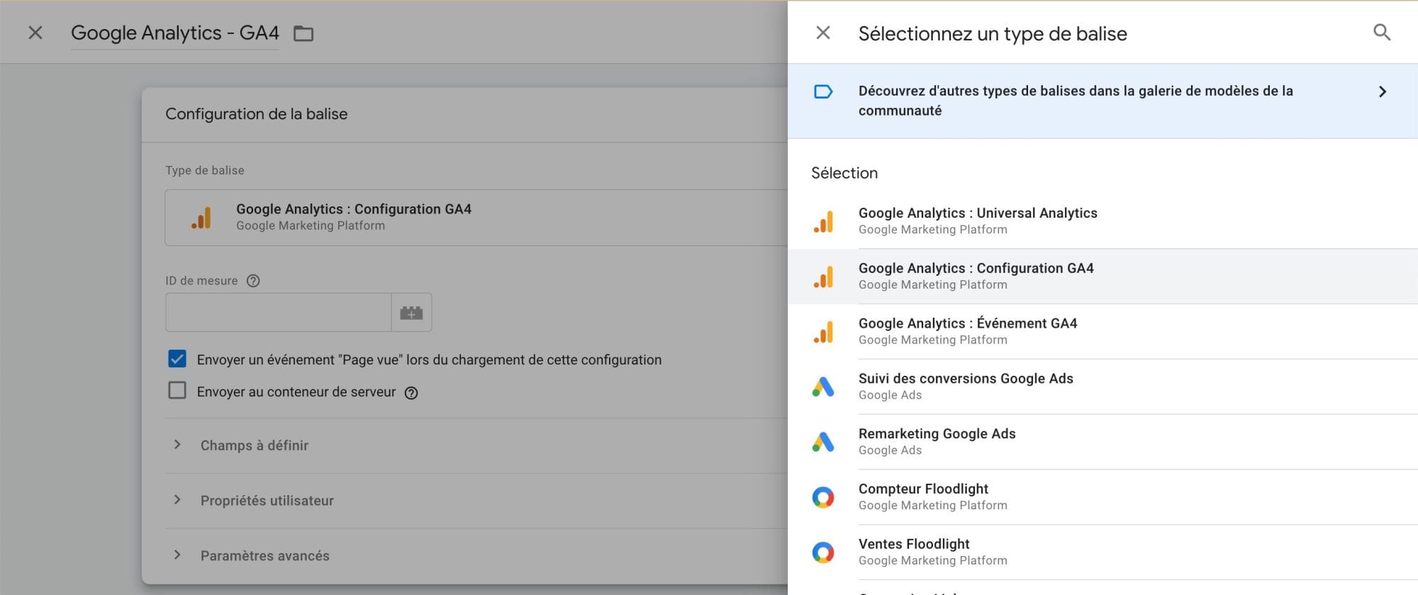 Capture d'écran de l'interface de GTM, différents types de balises