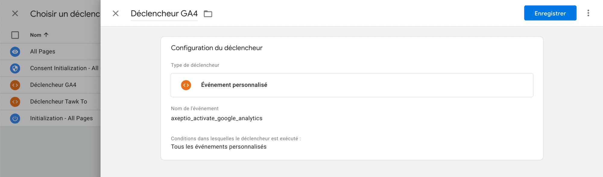 Capture d'écran de l'interface de GTM, configuration d'un déclencheurs GTM