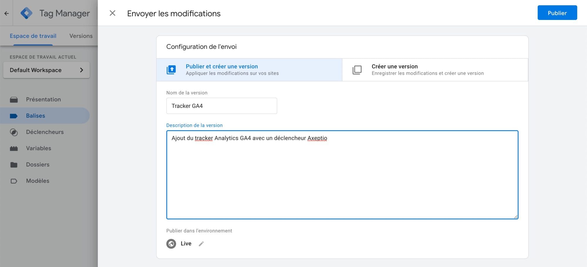 Capture d'écran de l'interface de GTM, publication d'une version