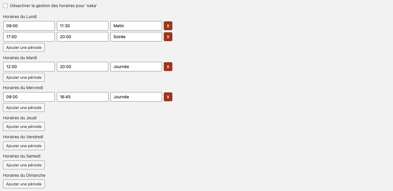 Gestion des horaires par période pour chaque jour de la semaine de chaque point de retrait