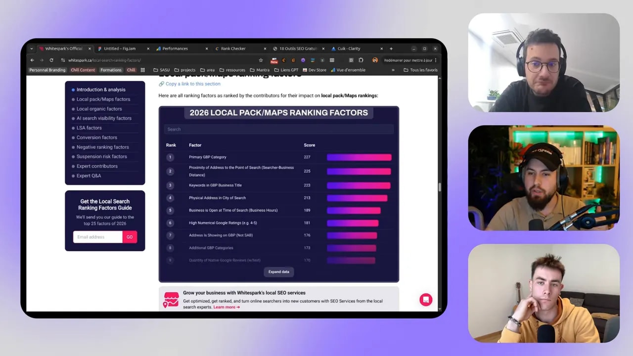 Capture d’écran du tableau “2026 Local pack/Maps ranking factors” avec liste des facteurs