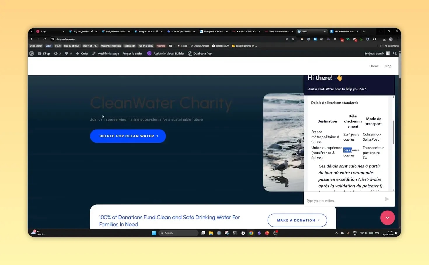 Fenêtre de chatbot affichée sur un site WordPress avec une réponse et le champ de question