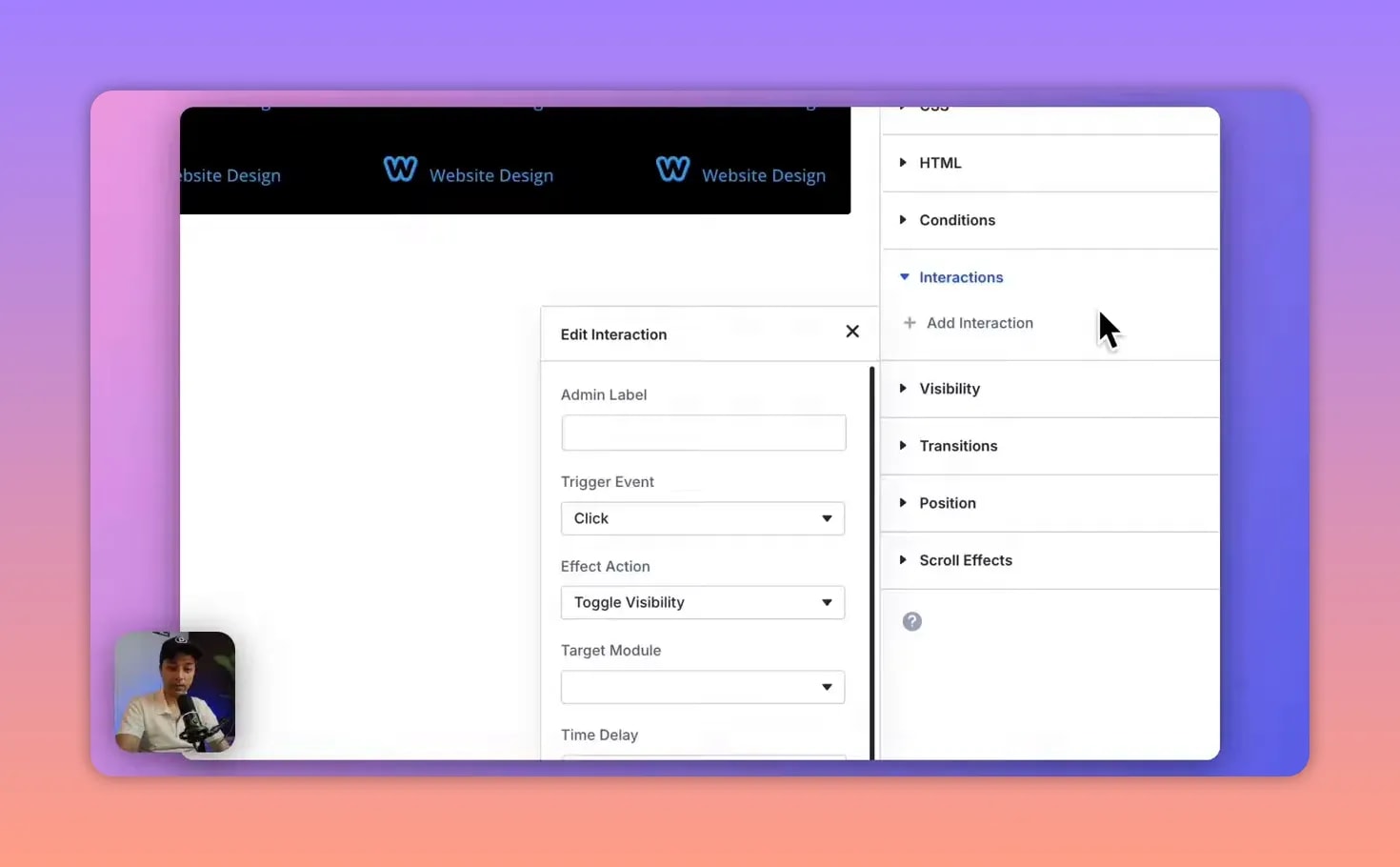 Divi 5 : interaction configurée sur Click avec Toggle Visibility pour le menu mobile