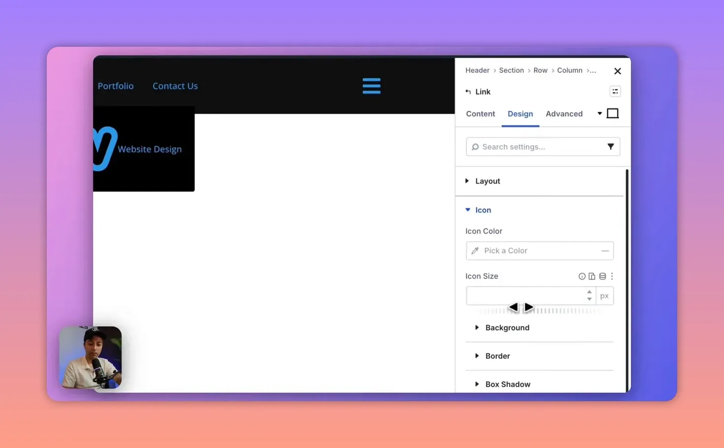 Divi 5 Theme Builder : options de design de l’icône du lien dans le Dropdown du mega menu