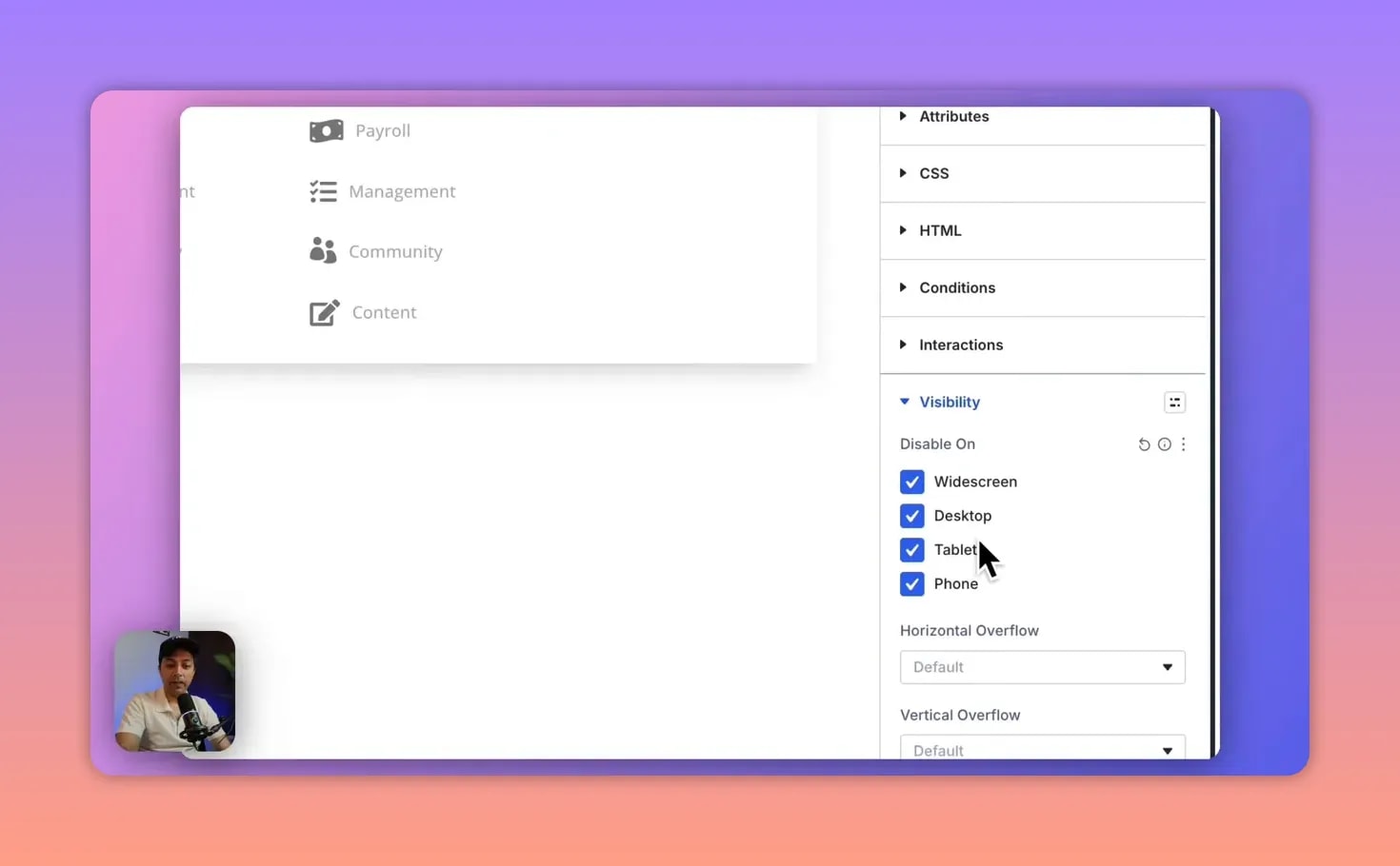 Capture d’écran Divi 5 réglages de visibilité (désactiver desktop, activer tablette et phone) dans le Theme Builder