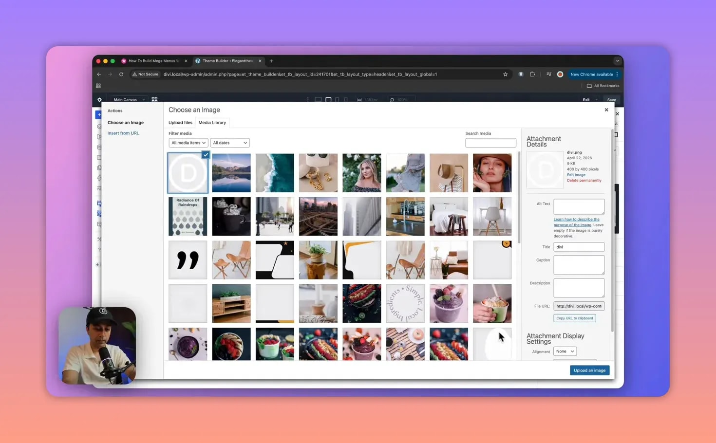Sélection d’une image de logo dans la bibliothèque média Divi Theme Builder