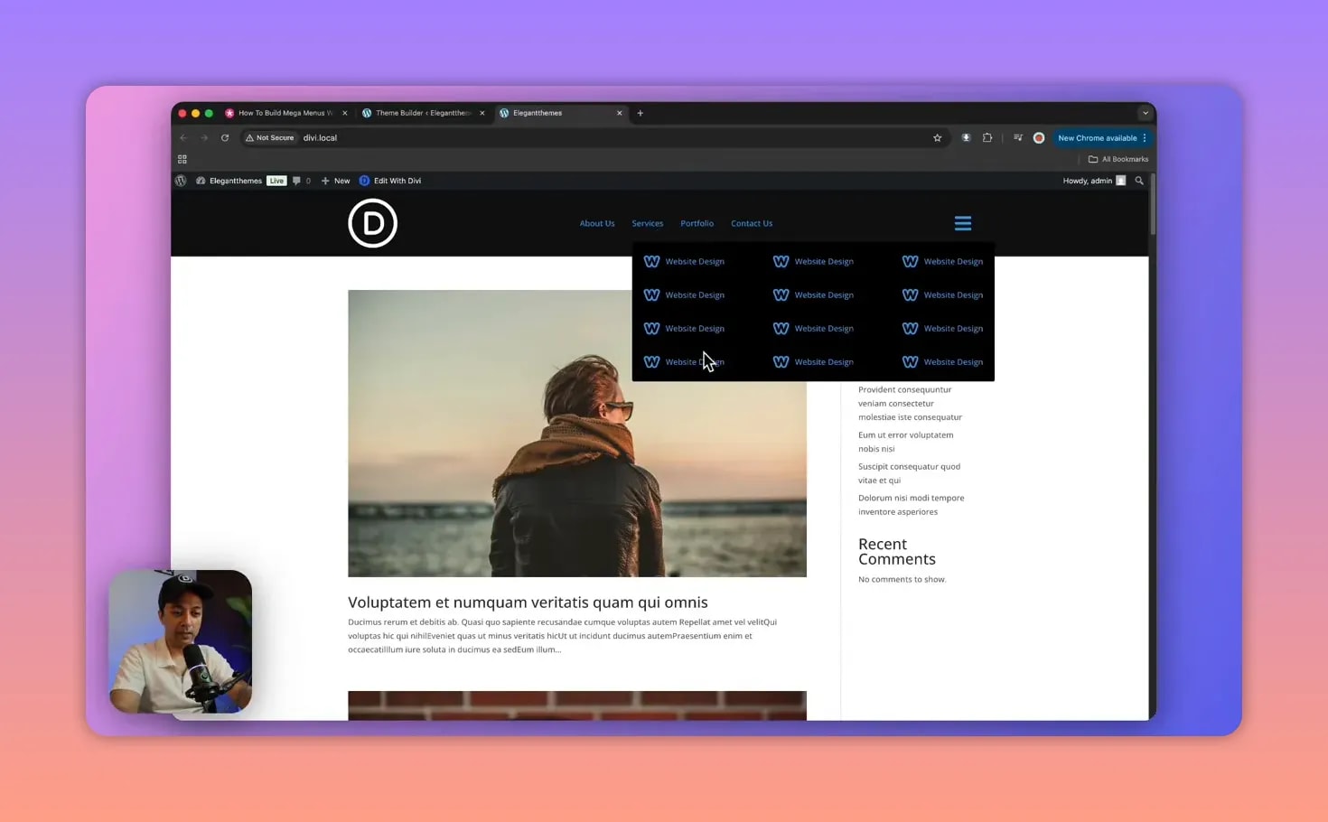 Dropdown mega menu Divi affichant des colonnes de liens sur desktop