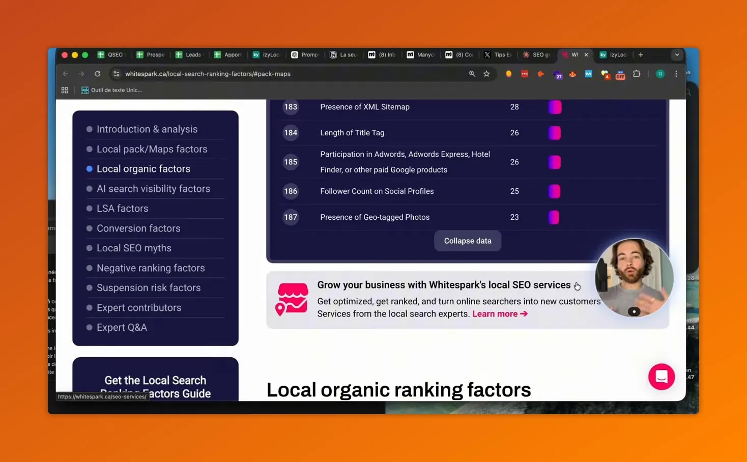 Capture d’écran d’un tableau de facteurs de classement local affichant la présence de photos géotaguées