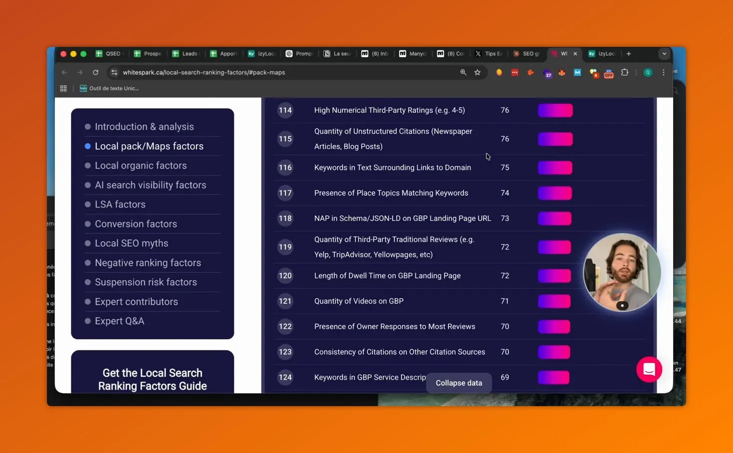 Capture d’écran d’un tableau de facteurs de classement Google Maps avec des critères comme avis, citations et durée d’engagement