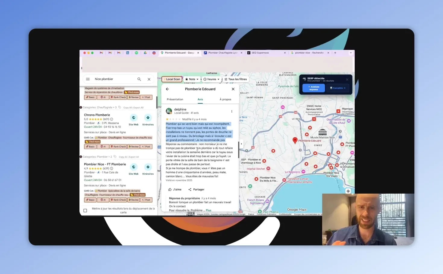 Capture d’écran Google Business Profile avec avis, catégorie et carte locale sur Google Maps