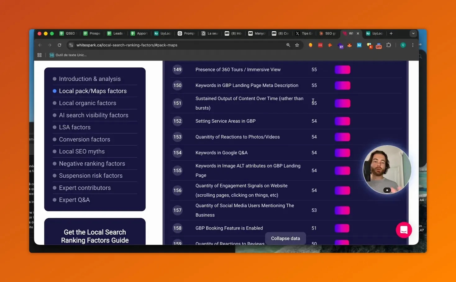Capture d’écran de facteurs Local Pack/Maps, incluant ‘Keywords in Image ALT attributes’ et signaux de landing page