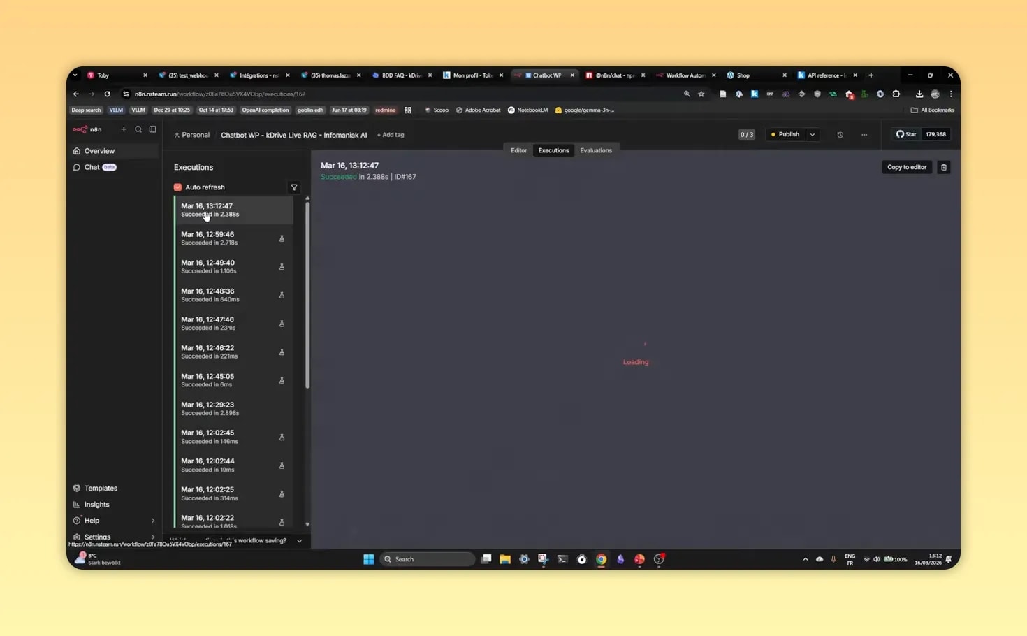 Page N8N « Executions » montrant la liste des exécutions réussies d’un workflow RAG