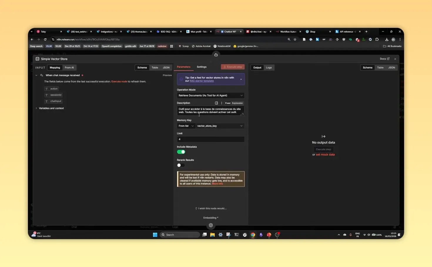 Paramètres du nœud Simple Vector Store dans n8n pour récupérer des documents pour l’agent IA