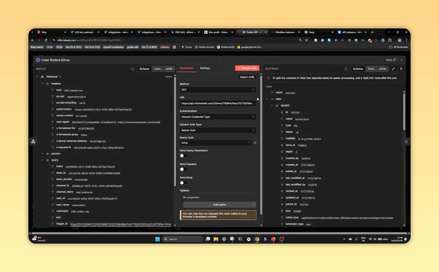 N8N : nœud Webhook qui liste les fichiers depuis un dossier Drive (sortie JSON avec données des fichiers)