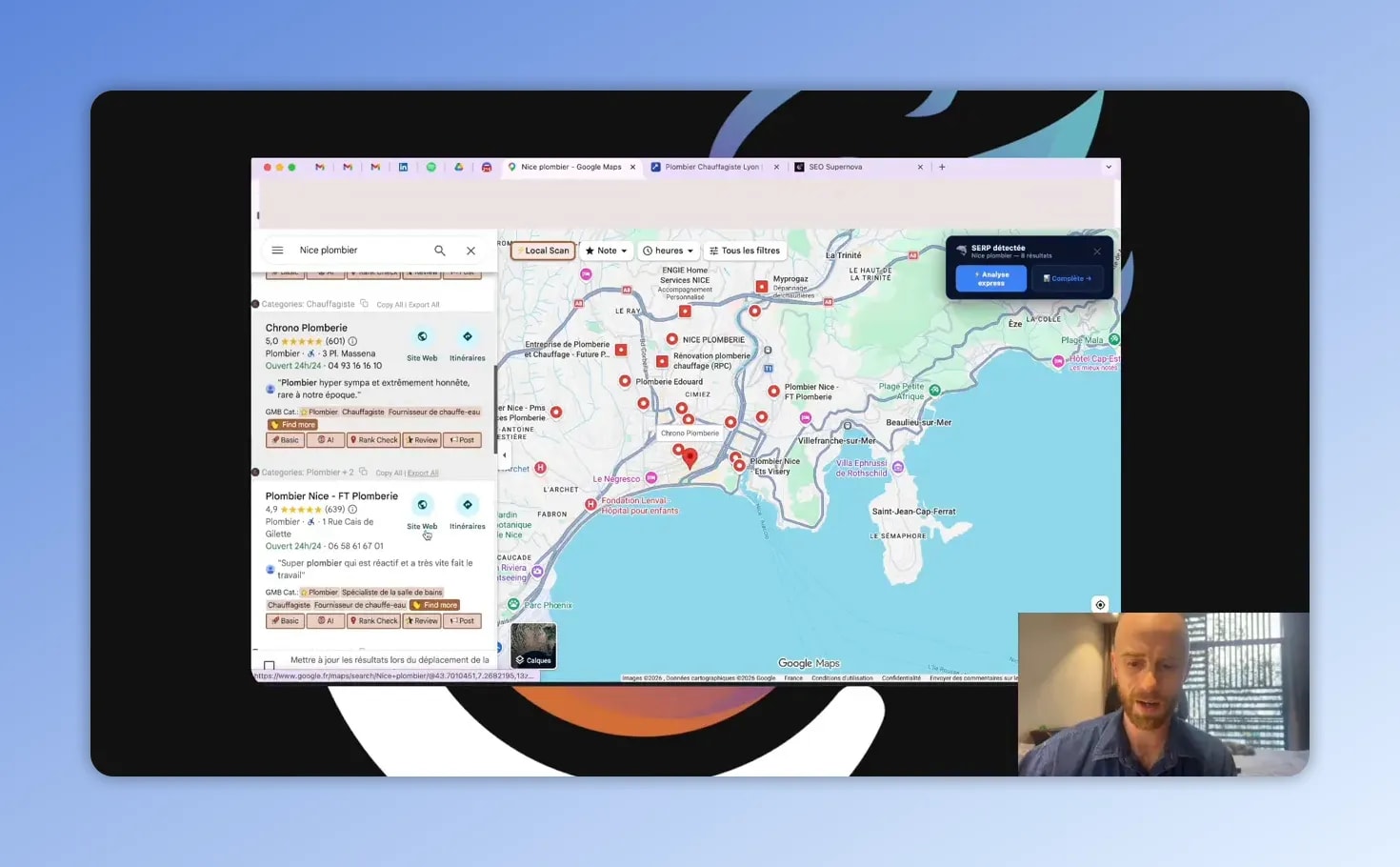 Pack local Google Maps affichant plusieurs fiches d’entreprises près de Nice