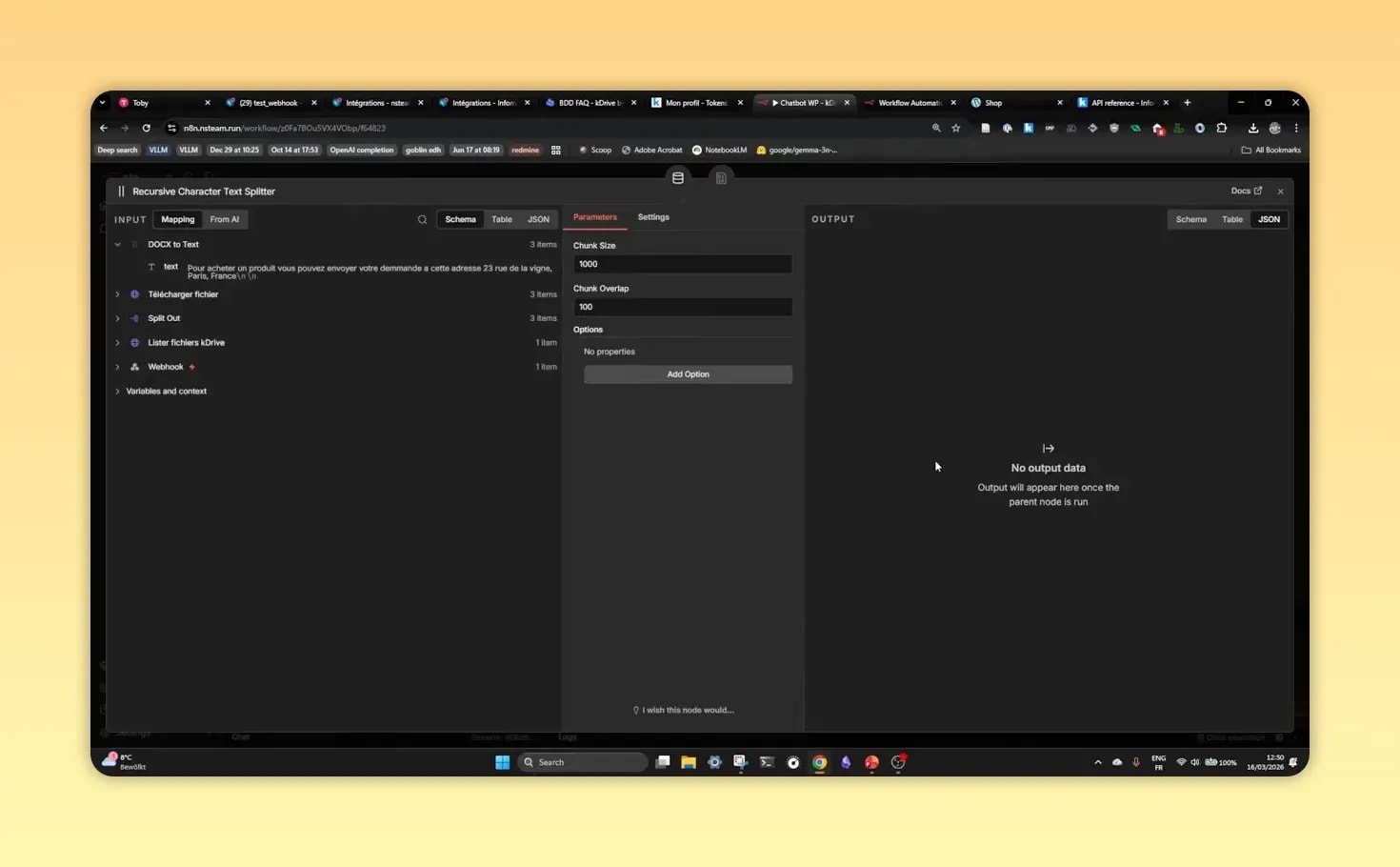 Réglages du Recursive Character Text Splitter dans N8N pour créer des chunks avec chevauchement