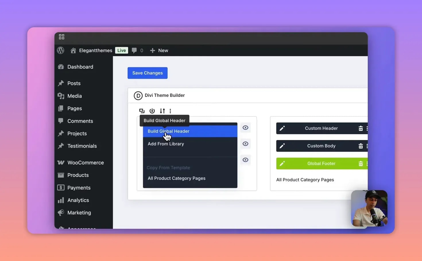 Sélection du bouton “Build Global Header” dans le Theme Builder Divi