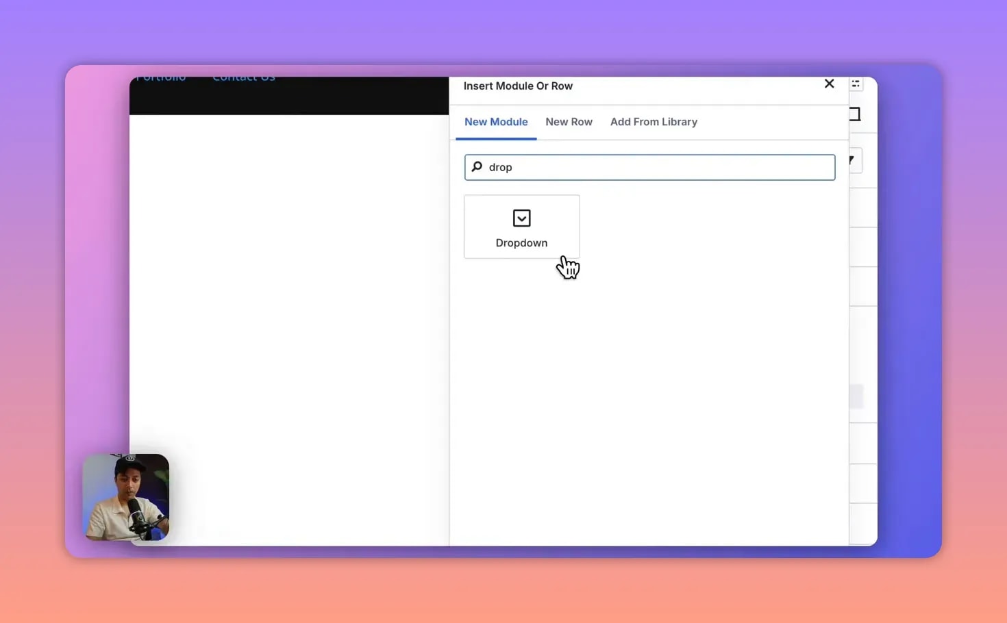 Sélection du module Dropdown dans Divi 5 via la recherche