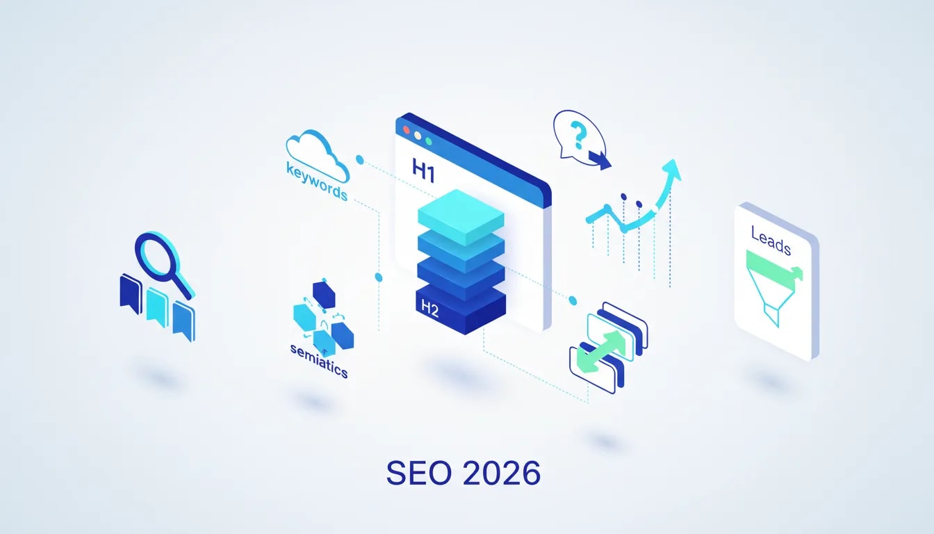 Schéma visuel abstrait du SEO 2026: structure de page, intention de recherche, mots-clés, maillage interne et progression vers la génération de leads.