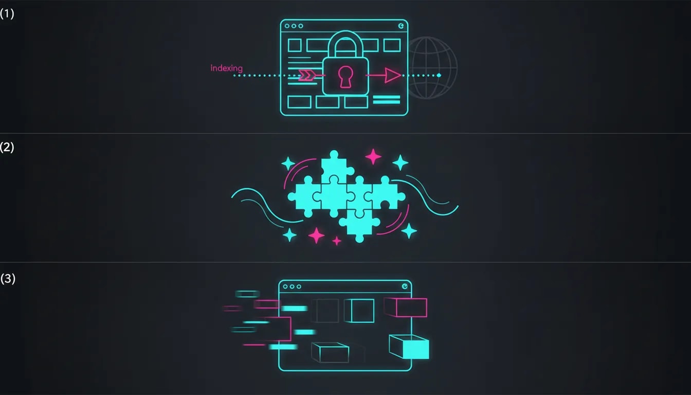 Illustration sans texte en trois panneaux montrant l’indexation bloquée, un contenu parfaitement structuré et un rendu JavaScript qui s’améliore après chargement.