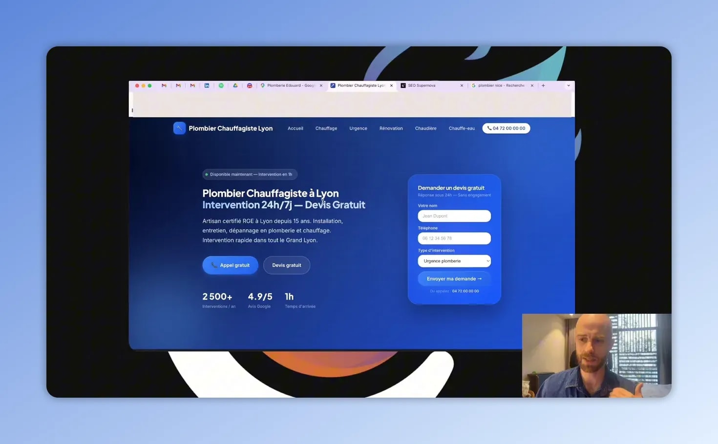 Site vitrine de plombier avec section “Demander un devis gratuit” et formulaire