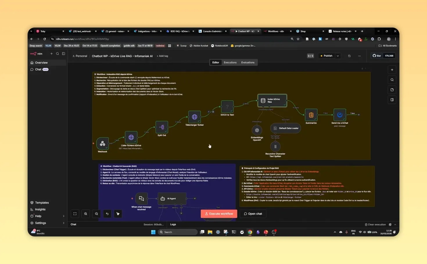 Workflow N8N RAG montrant l’indexation des documents et la génération d’embeddings