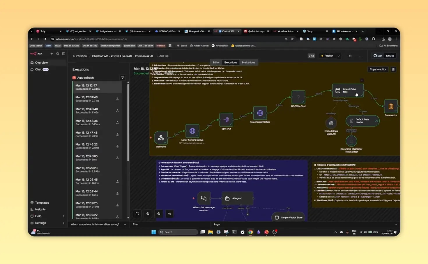 Workflow N8N RAG montrant la récupération de fichiers, conversion en texte, découpage et indexation