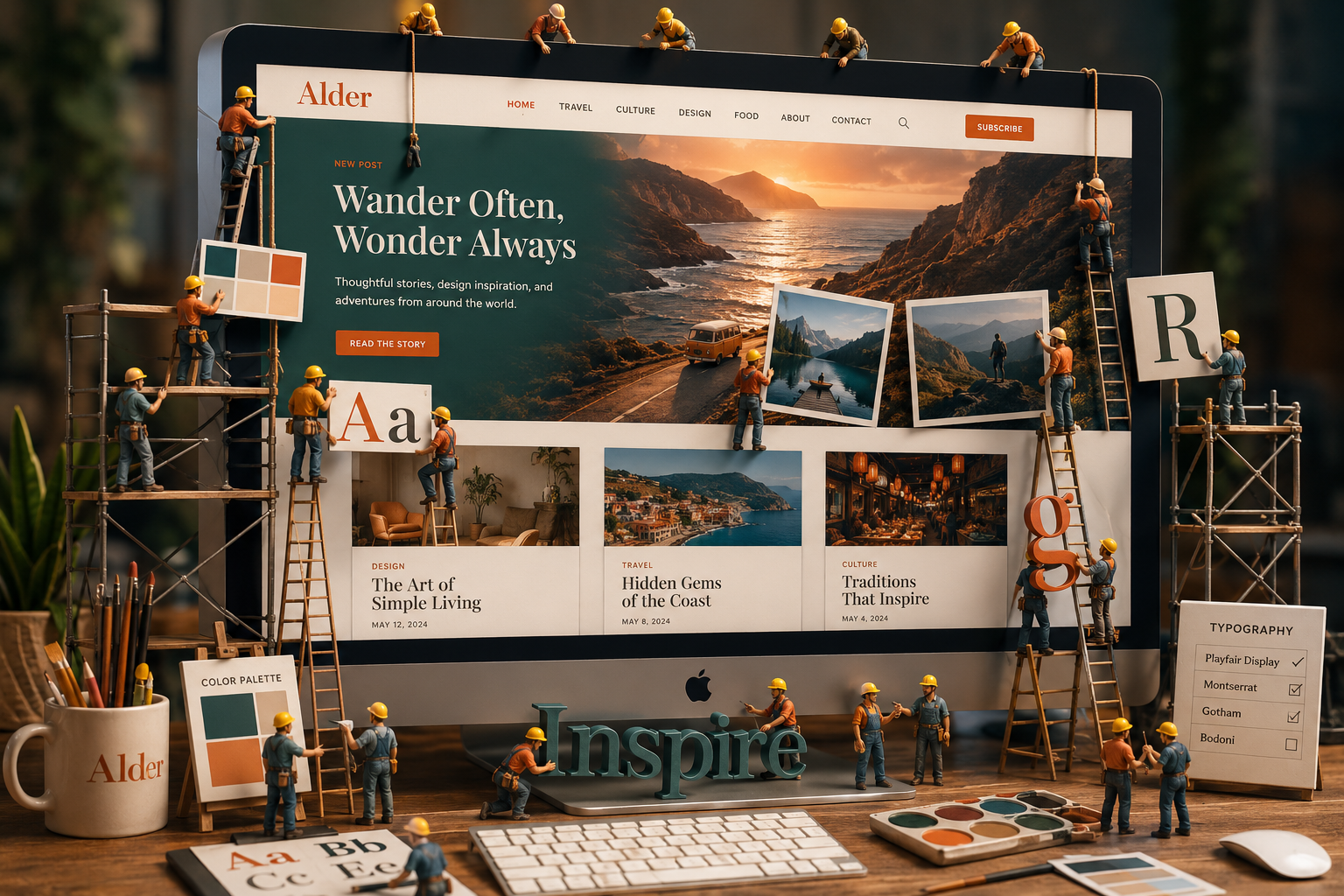Illustration 3D isométrique hyper détaillée représentant un grand iMac posé sur un bureau en bois. L’écran affiche un site de blog éditorial. Autour et sur l’écran, plusieurs mini ouvriers en combinaisons de chantier et casques jaunes. Certains grimpent à des échafaudages et des échelles fixées à l’écran, d’autres manipulent de grandes palettes de couleurs, comparent des images ou transportent d’immenses lettres typographiques de différentes polices pour les assembler dans la mise en page. L’ensemble donne l’impression d’un site web en cours de “construction” : les éléments graphiques, les choix de typographie et les visuels sont littéralement installés et ajustés par les ouvriers miniatures.
